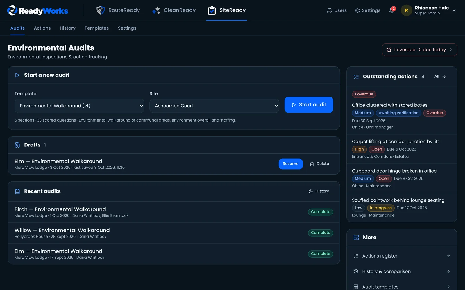 SiteReady audits screen with new audit, drafts, recent audits and outstanding actions