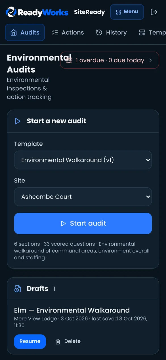 SiteReady home on a phone: start a new audit, drafts and overdue actions