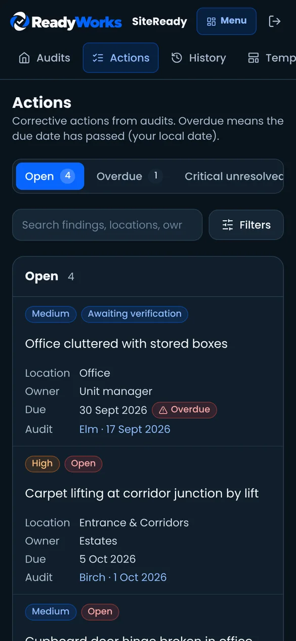 SiteReady actions list with priority, status, owner and due date