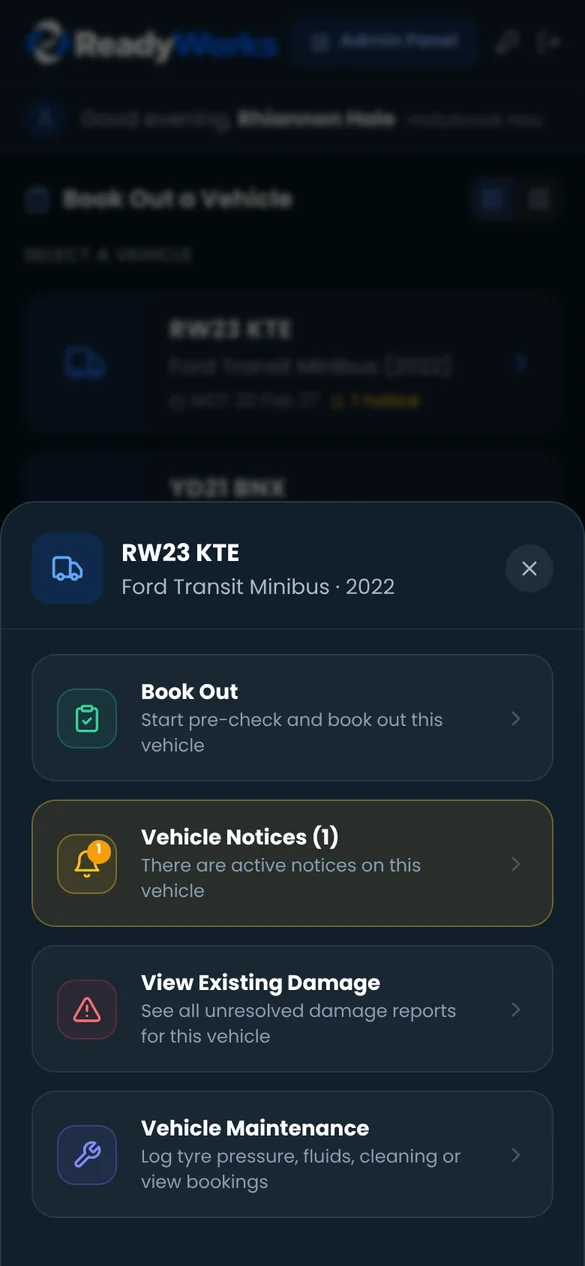 Phone screen with options for a vehicle: book out, notices, existing damage and maintenance
