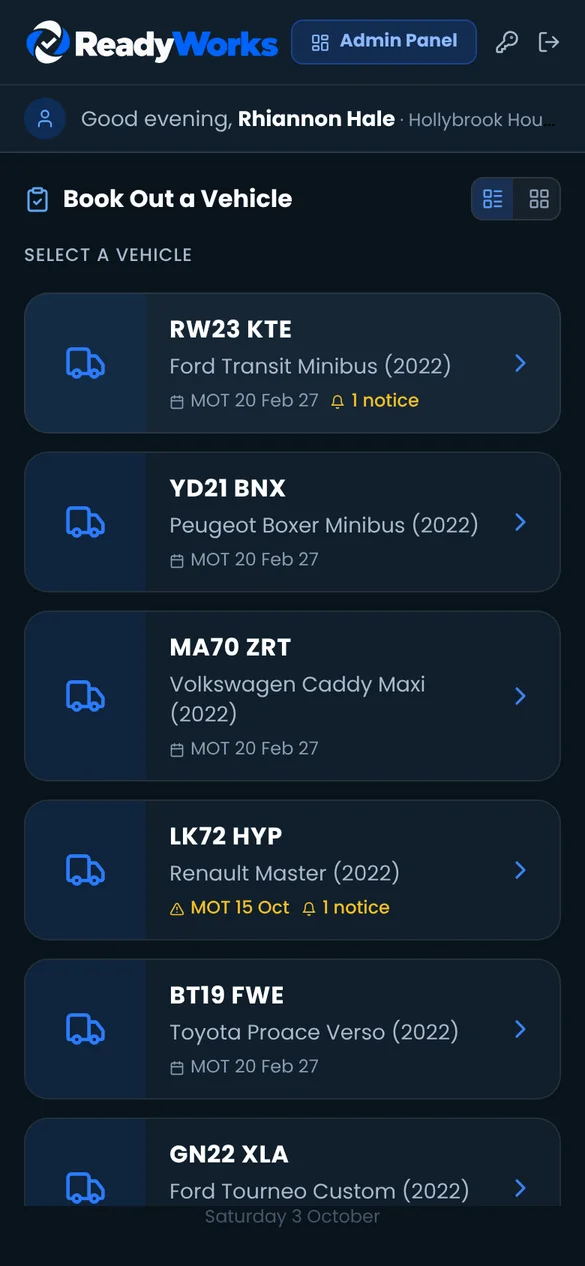 Phone screen listing vehicles to book out, with MOT dates and notice counts